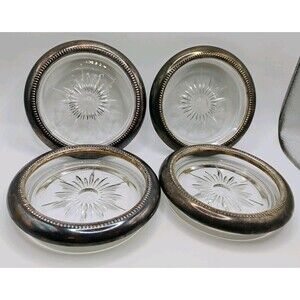 Leonard Silver Plated Glass and Silverplated Vintage Coasters Italy Set of 4